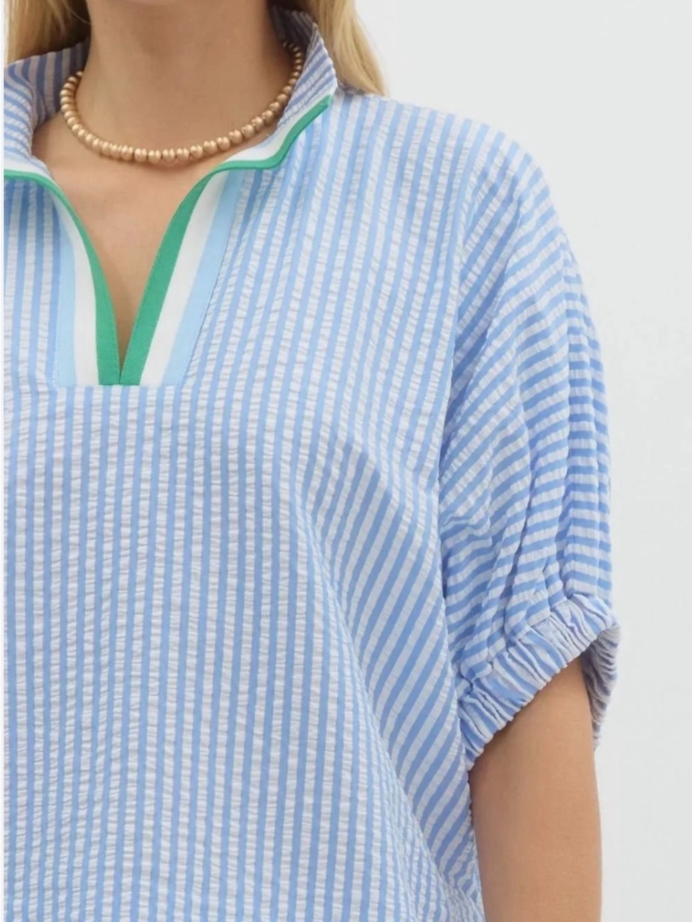 entro Blue and White Striped Button-Down Top with Green Trim - Picture 2 of 7
